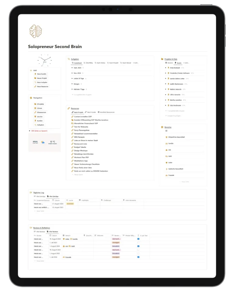 tablet solopreneur second brain dashboard